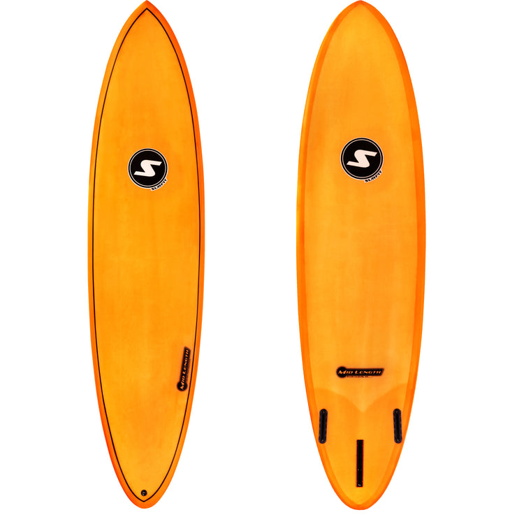 SURFit High Performance Custom Epoxy Mid Length Surfboard Orange Deck Bottom View